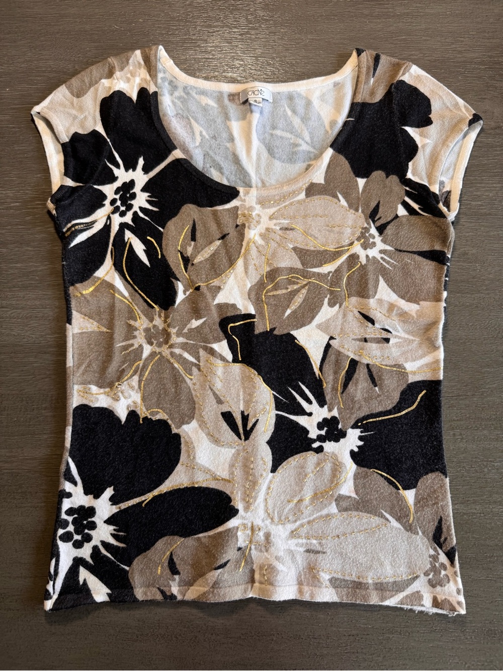 Vintage Floral Neutral Beaded Blouse TShirt Cache S - Picture 3 of 11